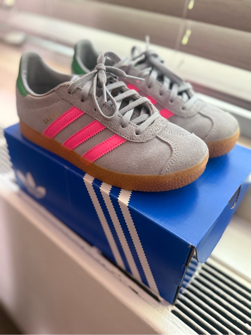 adidas Kids Suede Sneakers in Gray with Pink Stripes